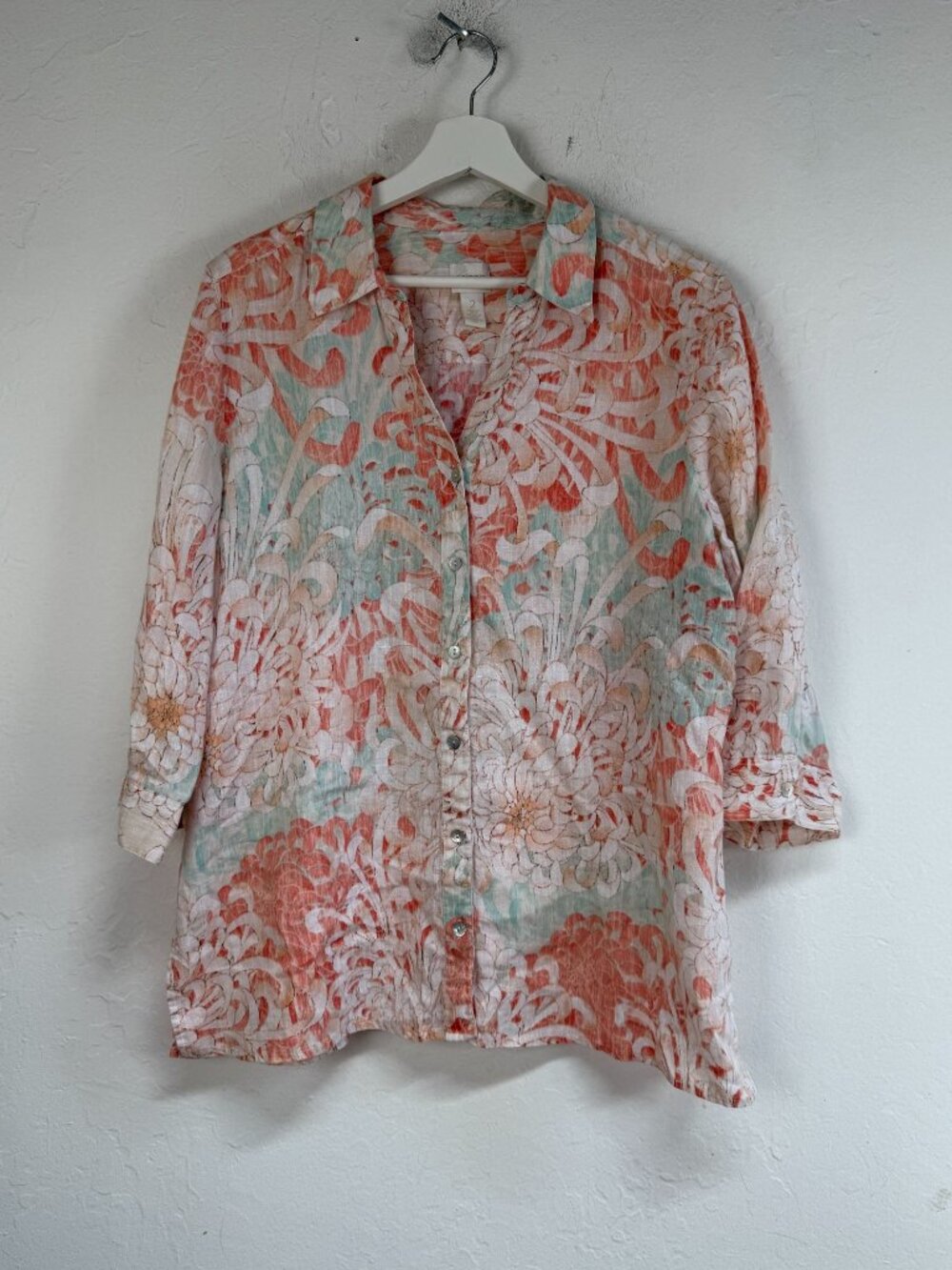 Chico's Womens Linen Pastel Floral Print 3/4 Sleeve Button Up Top Coastal Size 2